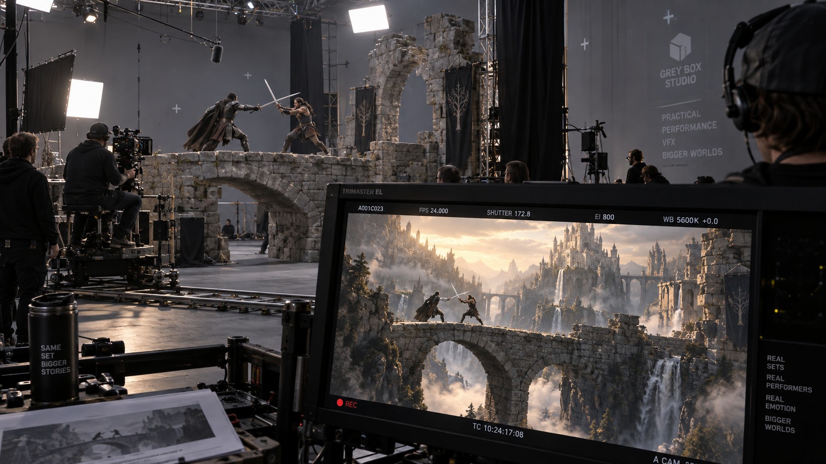 Grey Box Studio con set físico de puente, performers y extensión digital de un mundo cinematográfico