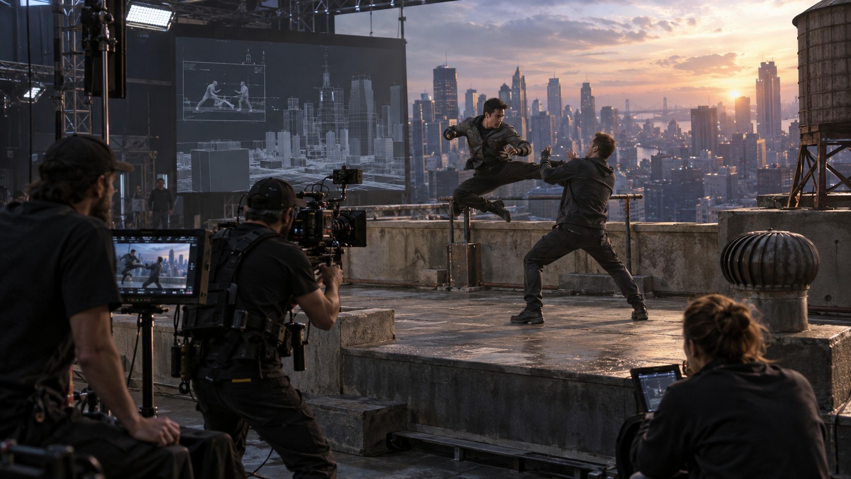 Fight choreography rodada en una azotea parcial con extensión digital de skyline urbano