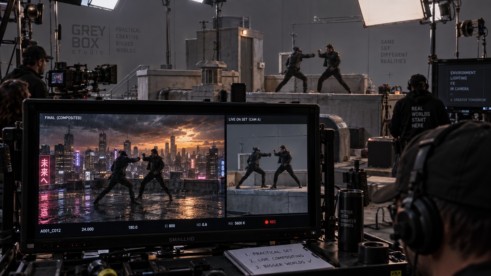 Pelea rodada en un set parcial de azotea con monitor mostrando una ciudad digital terminada