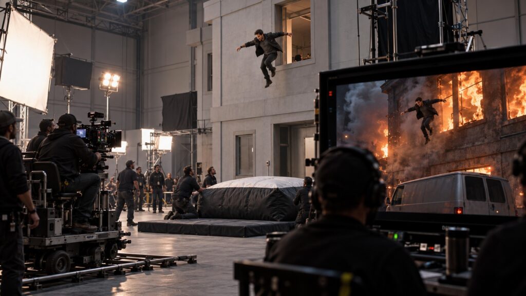 Stunt performer saltando a un airbag en Grey Box Studio mientras el combo muestra una casa en llamas y una furgoneta